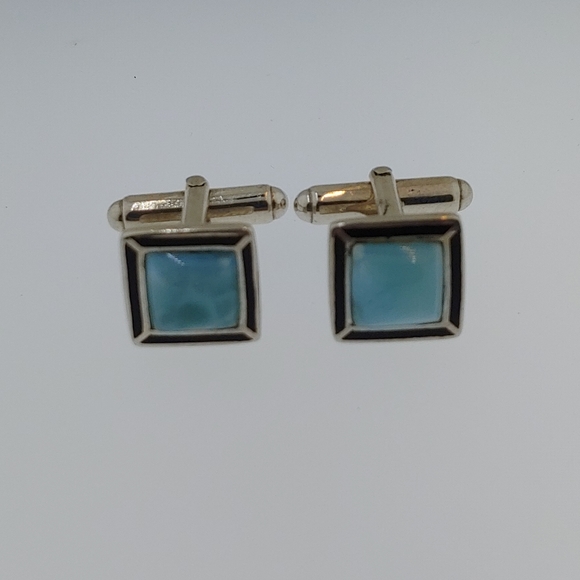 Sterling Silver Larimar and Onix Men Cuff Links - Picture 2 of 4